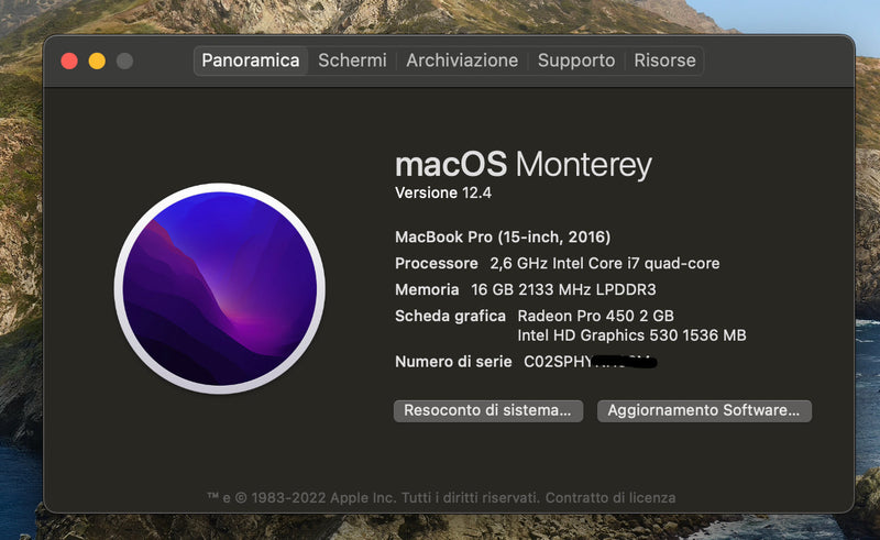 MacBook Pro 15" 256 GB Argento